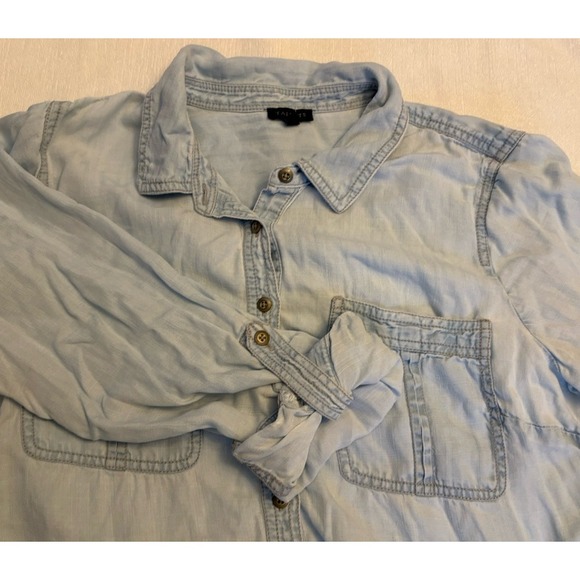 Talbots Tops - Talbots Blouse Womens Large Blue Distressed Lycell‎ Button Up Roll Tab Sleeve